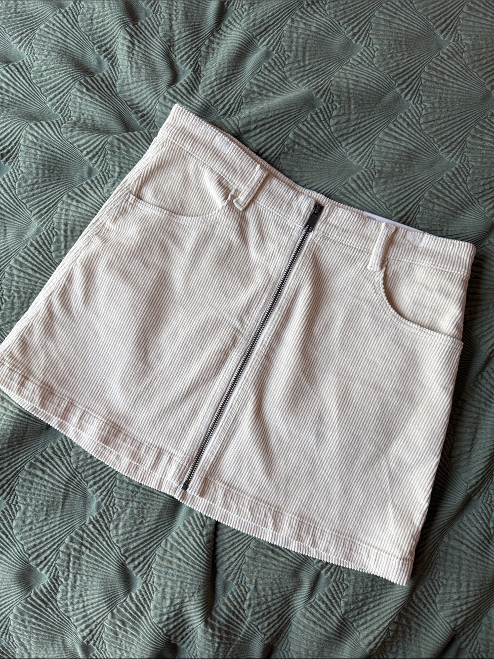 Cream Corduroy Zip-Front Mini Skirt